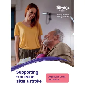 Cover of the Supporting someone after a stroke information sheet showing a young woman smiling down at her father